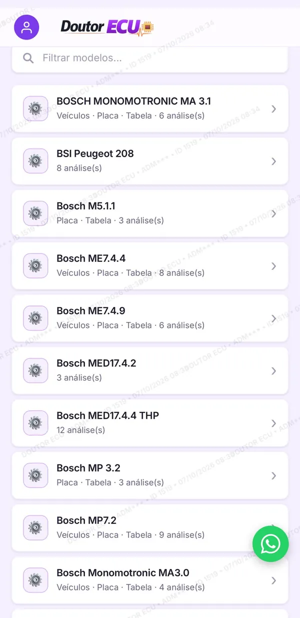 Lista de módulos com placa, tabela e análises